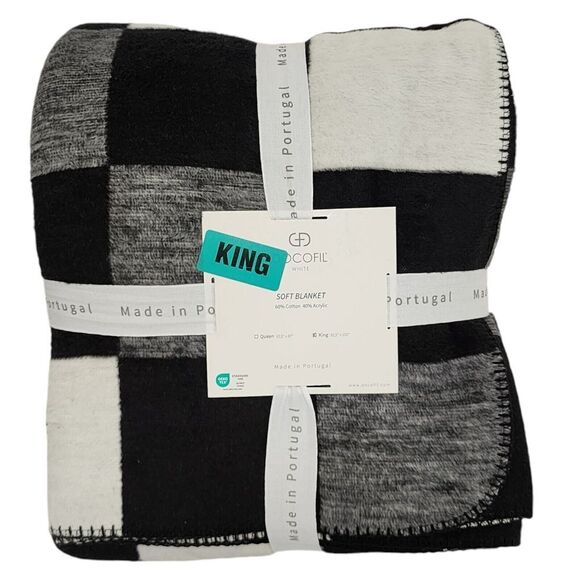 Docofil King Size Soft Blanket Cotton Blend Black White Made In Portugal‎ - Picture 1 of 14